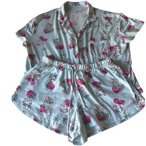 Cute Cat Valentine Pajama‎ Set Light Blue Heart Print Button Top Shorts M